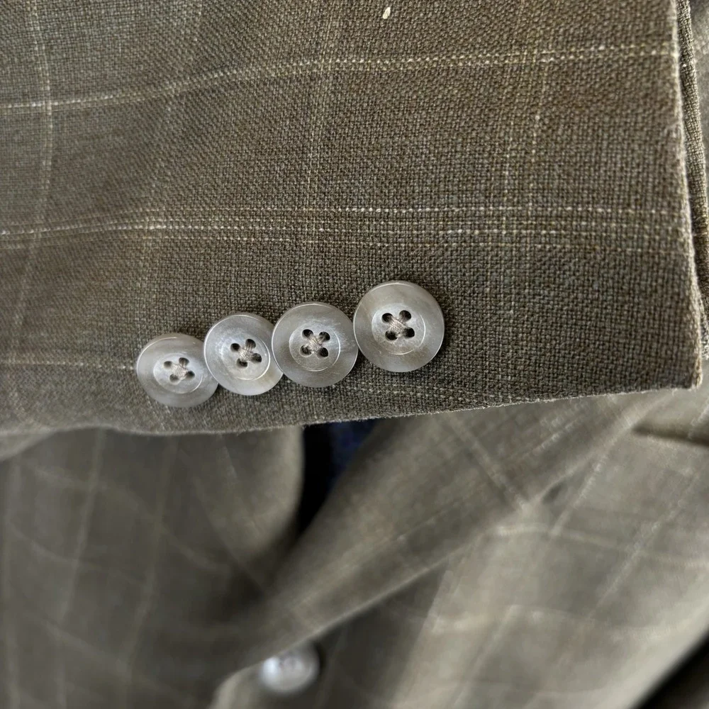 Nordstrom Blazer Mens 42L Olive‎ Windowpane E Thomas Silk Wool Linen Sport Coat
